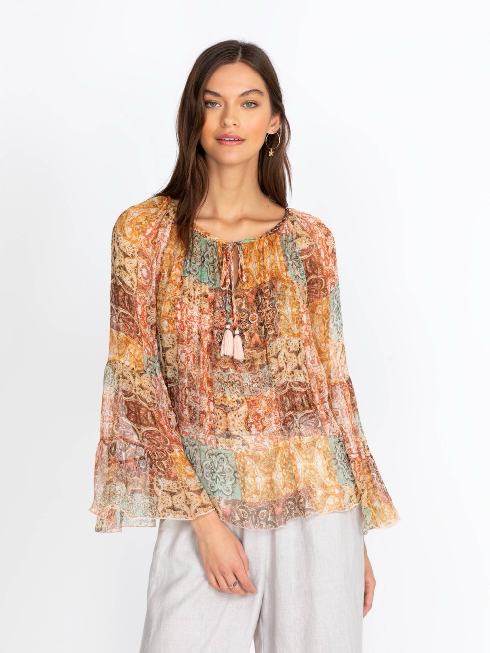 Johnny Was Kanarra Silk Tiered Blouse Paisley Patchwork Size Small